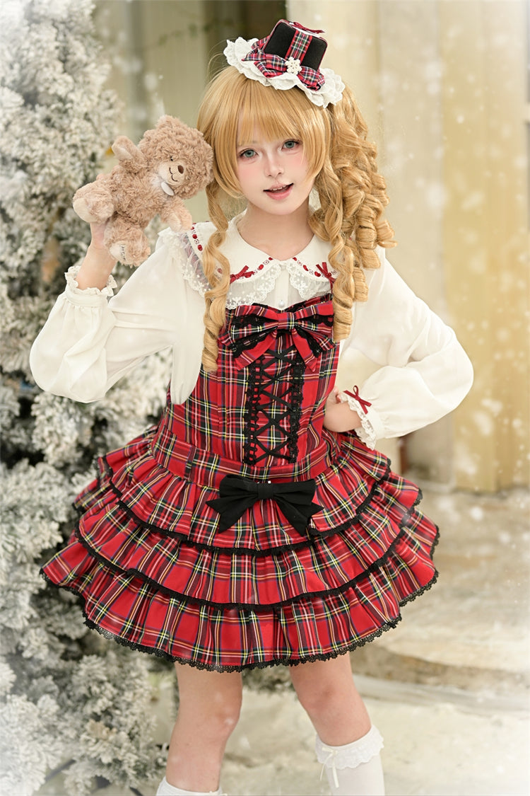 Red [Christmas Velvet Cake] Triple-Layered Printed Ruffled Bow Lace-Up Gothic Elegant Lolita Jsk Dress - Product - 26