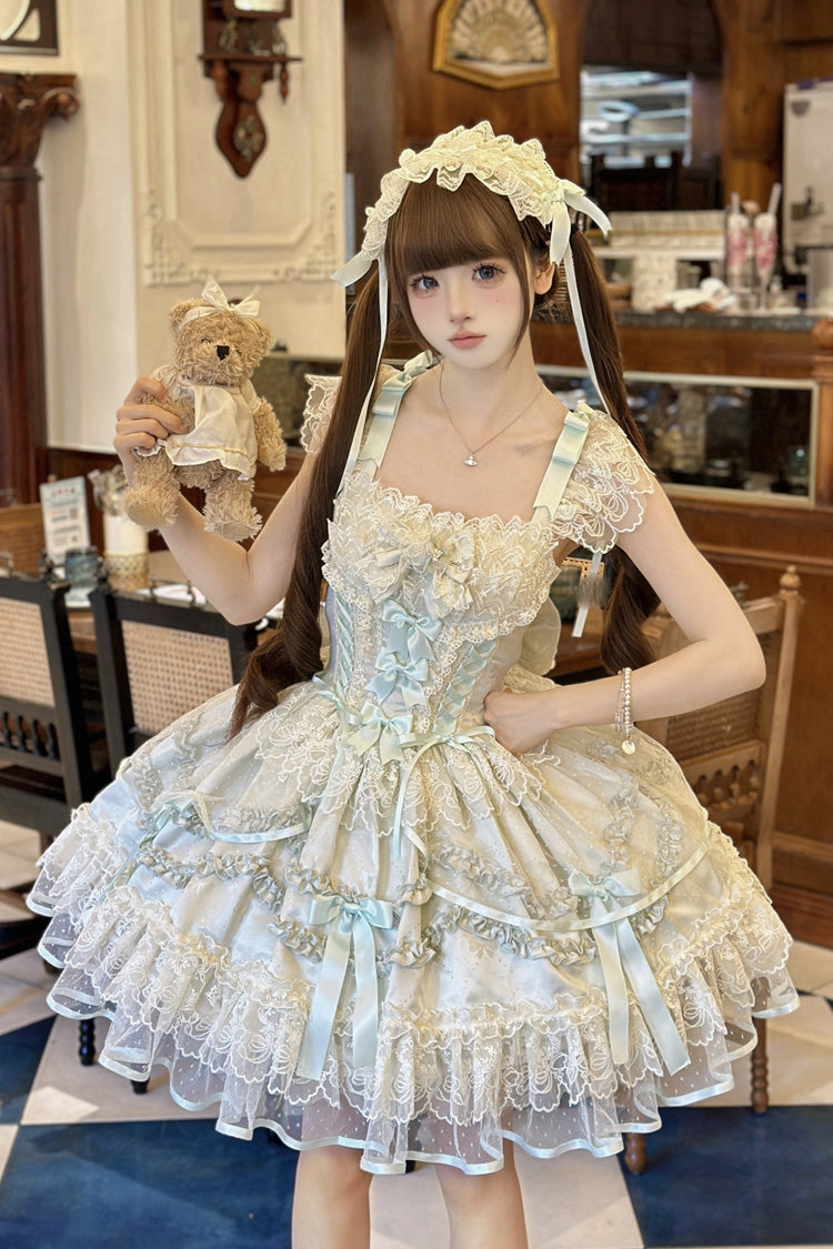 Light Green [Dreaming Butterfly] Multi-Layered Jacquard Ruffle Bowknot Lace Sweet Princess Lolita Jsk Dress - Green - 1