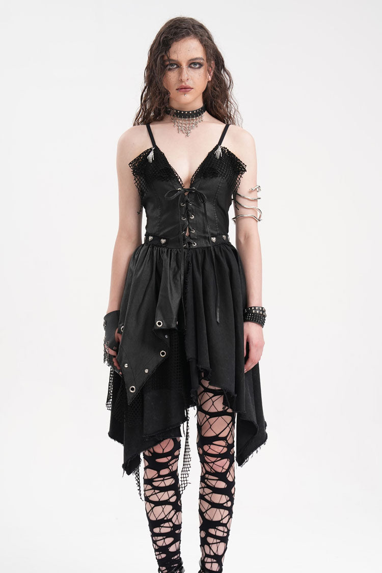Black Sleeveless Lace Irregular Mesh Women's Gothic Slip Dress - Product - 2