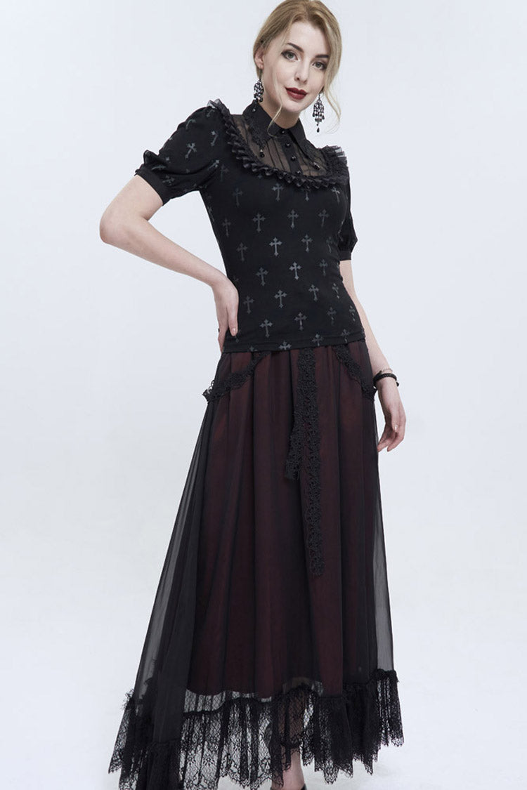Black Chest Paneled Chiffon Lace Collar Lace Strap Pendant Cross Print Women's Punk Shirt - Product - 6