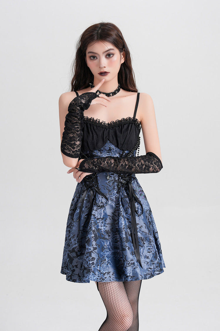 Blue Sleeveless Jacquard Printed Spliced Lace-Up Gothic Vintage Lolita Jsk Dress - Product - 3