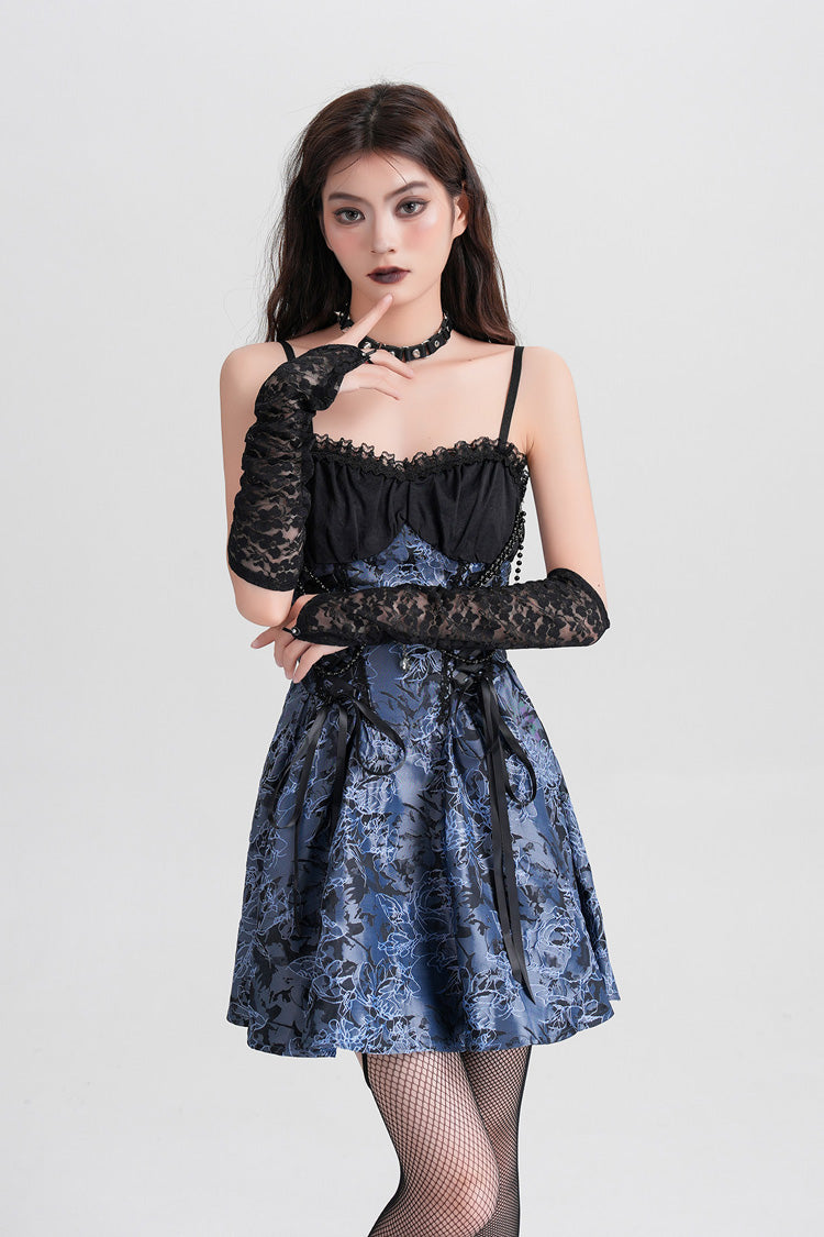 Blue Sleeveless Jacquard Printed Spliced Lace-Up Gothic Vintage Lolita Jsk Dress - Product - 3