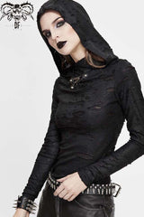 Black Hooded Snakeskin Ripped Pattern Triangle Metal Nail Asymmetrical Women's Punk Shirt - Product - 5
