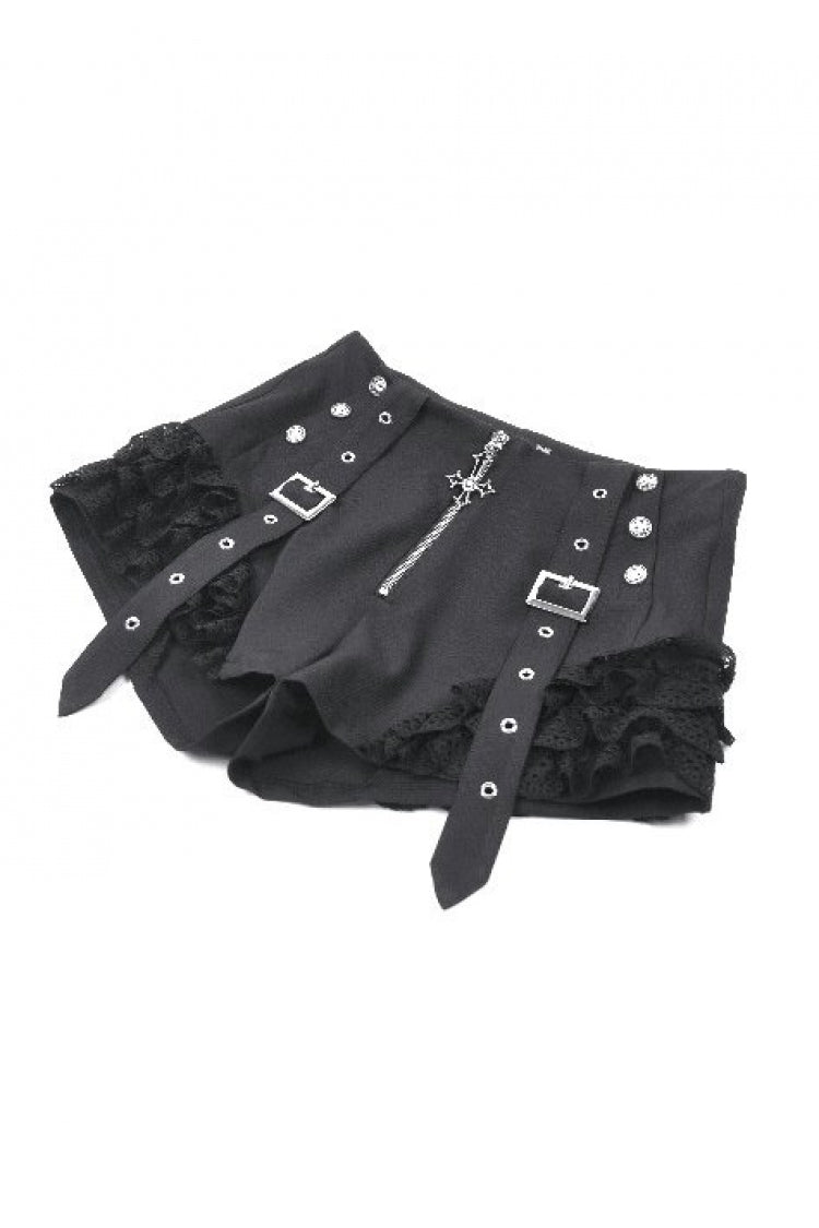 Black High Waisted Ruffled Lace Patchwork Buckled Straps Cross Zippered Women's Punk Shorts - Product - 12