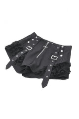 Black High Waisted Ruffled Lace Patchwork Buckled Straps Cross Zippered Women's Punk Shorts - Product - 12