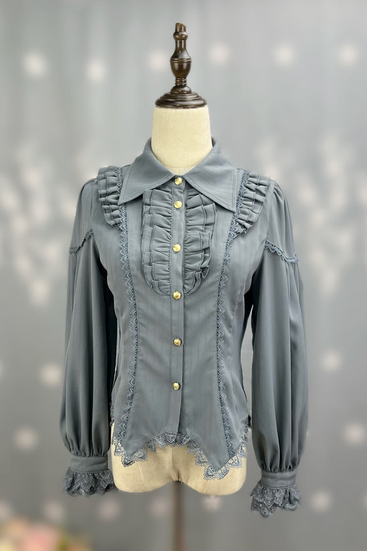 [Late Night] Lapel Collar Long Sleeves Ruffle Lace Slim Sweet Lolita Blouse 6 Colors - Grey - 4