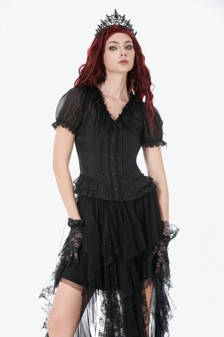 Black Deep V Collar Short Puff Sleeves Multi-Layered Ruffled Lace Sheer Women's Gothic Blouse - Black - 1