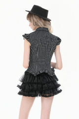Black/White Vertical Striped Turn-down Collar Ruffled Women's Gothic Blouse with Detachable Tie - Product - 7