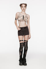 Brown Patchwork Slim Fit Mesh Zippered Eyelet Women's Punk Cool Skirt - Product - 7