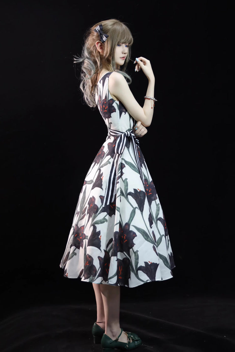 Ivory Square Collar Sleeveless Black Lily Printed Bow Gothic Lolita Jsk Dress - Product - 2