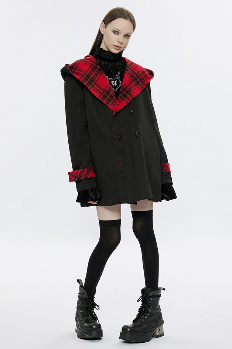 Black/Red Plaid Print Hooded Women's Punk College Style Coat - Product - 4