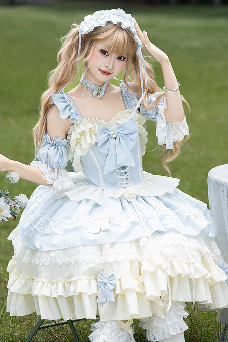 [Icy Blue Milky Wave] Square Collar Multi-Layered Printed Ruffled Bow Lace Sweet Lolita Dress Set - Product - 2