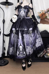 Black/Blue [Skull Magic] Print Ruffle Bowknot Gothic Elegant Lolita Skirt Two-Piece Set - Product - 14