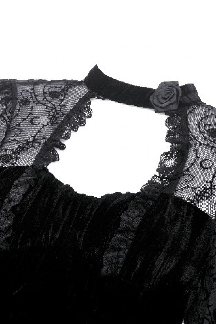 Black Lace Long Trumpet Puff Sleeves Floral Jacquard Cut-Out Lace-Up Women's Gothic Short Dress - Product - 12