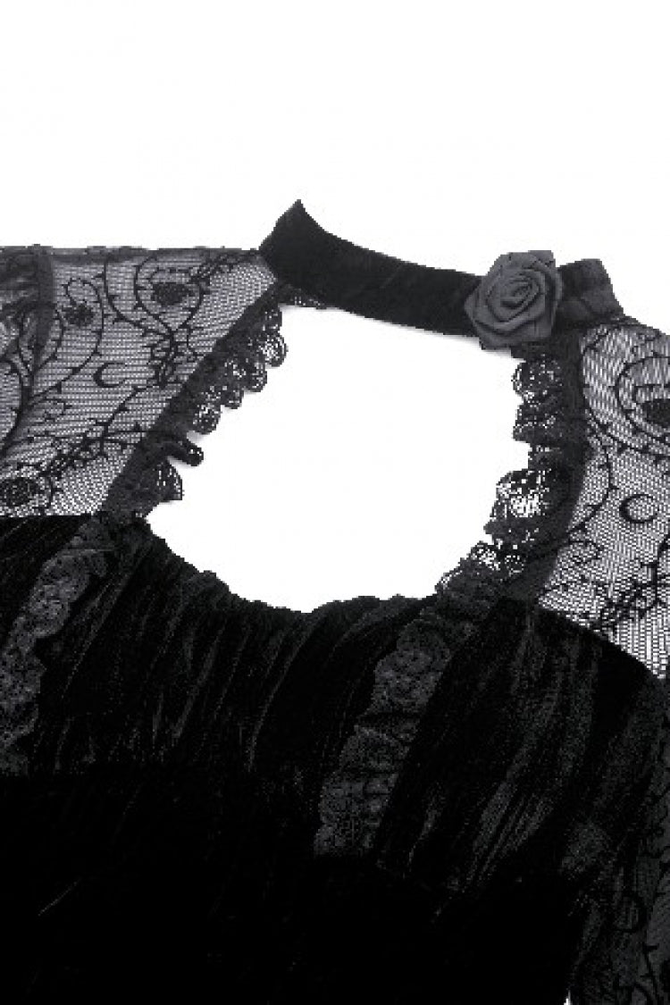 Black Lace Long Trumpet Puff Sleeves Floral Jacquard Cut-Out Lace-Up Women's Gothic Short Dress - Product - 12