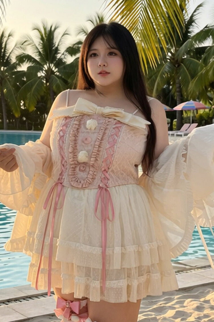 Pink Sleeveless Double-Layered Ruffled Bow Lace-Up Sweet Plus Size Lolita Jsk Dress - Product - 5