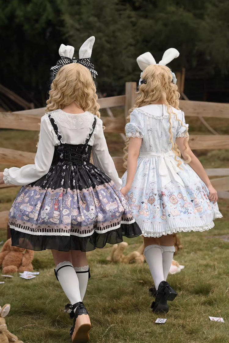 Light Blue [Alice’s Fantasy Tale] Doll Collar Short Sleeves Printed Bow Sweet Lolita Dress - Product - 5
