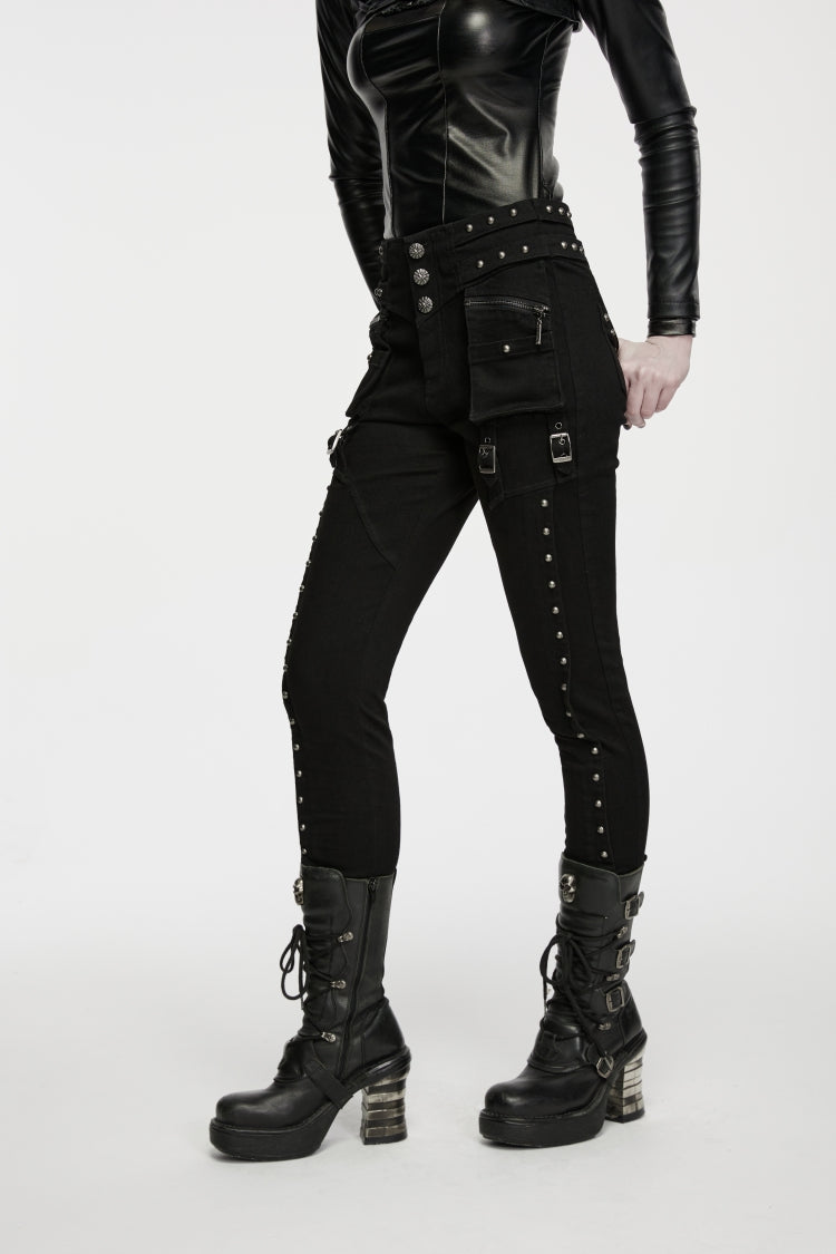 Black Slim Fit Studded Women's Punk Cool Pants with Pockets - Product - 4