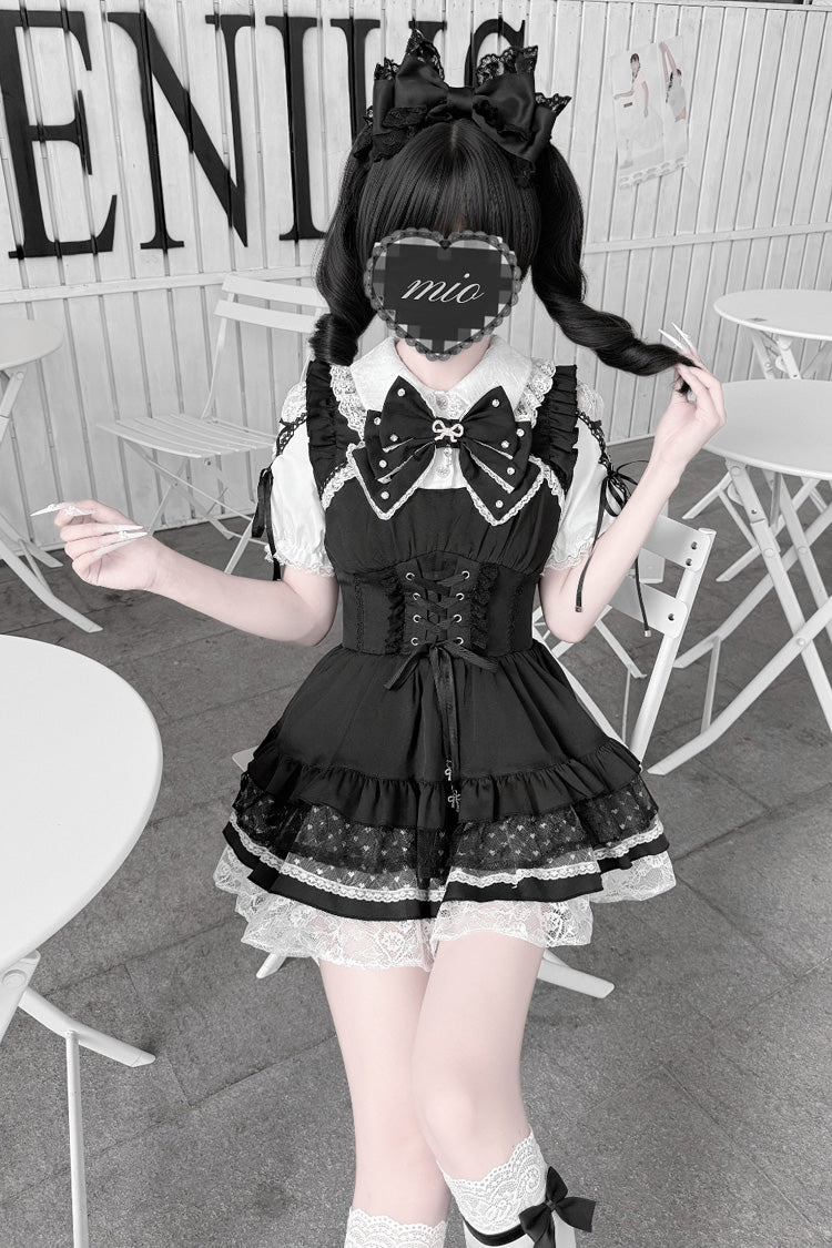 [Heart Key Treasure Box] Lapel Collar Short Sleeves Printed Ruffled Bow Lace-Up Japanese Jirai Kei Dress Shorts Set 3 Colors - Product - 12