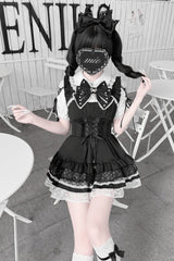[Heart Key Treasure Box] Lapel Collar Short Sleeves Printed Ruffled Bow Lace-Up Japanese Jirai Kei Dress Shorts Set 3 Colors - Product - 12
