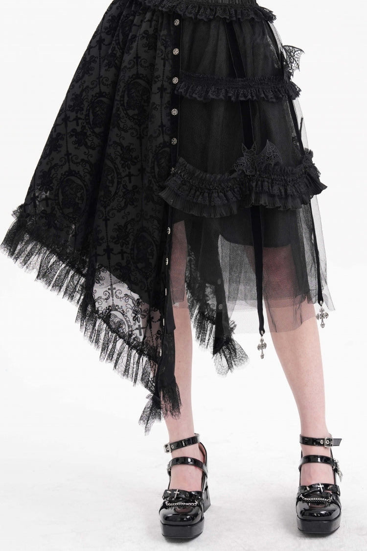 Black Jacquard Cut-Out Lace Asymmetric Pleated Women's Gothic Luxurious Skirt - Product - 11