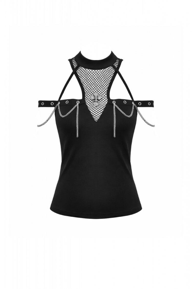 Black Women's Gothic Cross Halterneck Cut-Out Mesh Chain-Decorated Eyelet Tank Top - Product - 3
