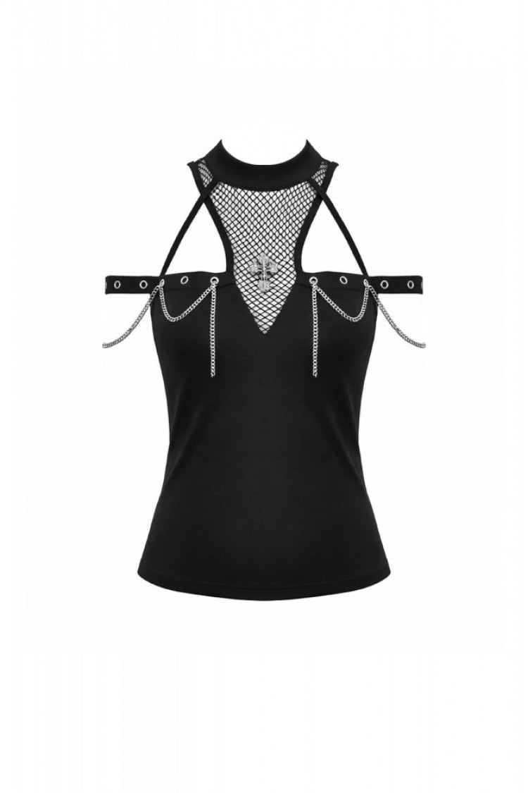 Black Women's Gothic Cross Halterneck Cut-Out Mesh Chain-Decorated Eyelet Tank Top - Product - 3