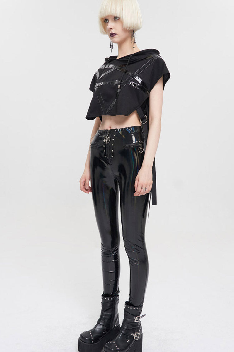 Black Short Front Long Back Stitched Shiny Leather Inverted Pentagram Shape Hoodie Short Sleeve Women's Punk T-Shirt - Product - 10