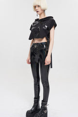Black Short Front Long Back Stitched Shiny Leather Inverted Pentagram Shape Hoodie Short Sleeve Women's Punk T-Shirt - Product - 10