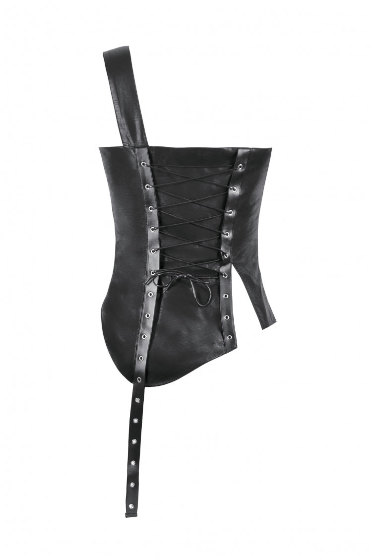 Black Sleeveless Single Shoulder Strap Straps Diagonal Zipper Studded Women'S Punk Faux Leather Vest - Product - 13