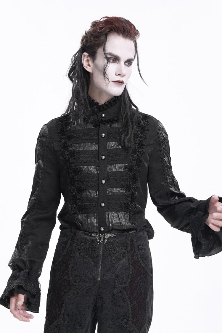 Black Stand Collar Long Sleeves Pleated Lace Crochet Men's Gothic Blouse - Black - 1
