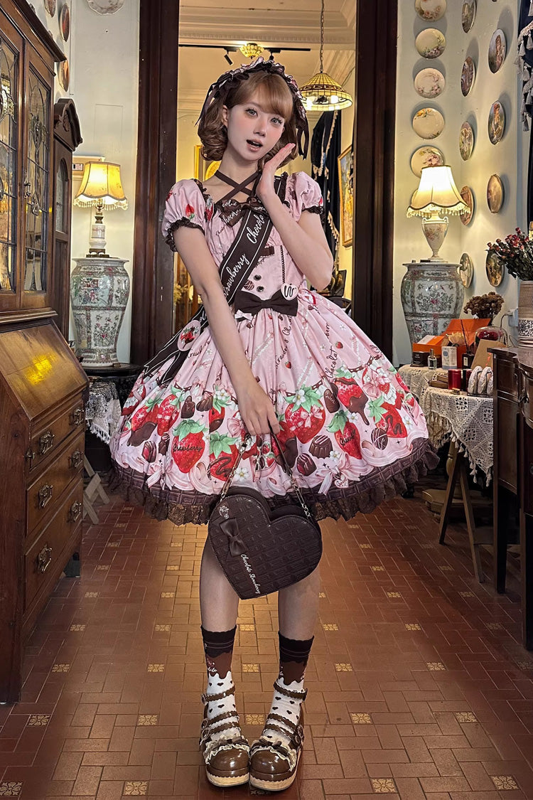 Pink [Strawberry Chocolate Lover] Square Collar Short Sleeves Printed Ruffled Bow Lace Sweet Lolita Dress - Product - 6
