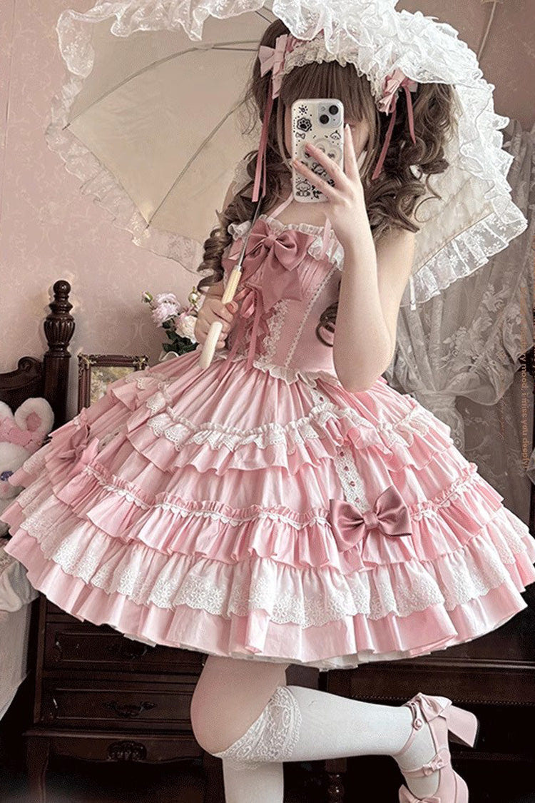 Pink Sleeveless Multi-Layered Ruffle Bowknot Lace-Up Sweet Lolita Tiered Dress - Product - 3