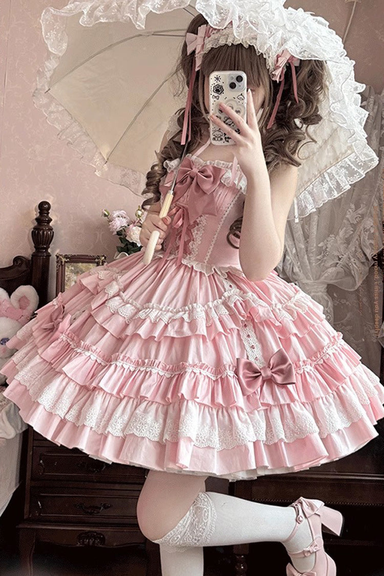 Pink Sleeveless Multi-Layered Ruffle Bowknot Lace-Up Sweet Lolita Tiered Dress - Product - 3