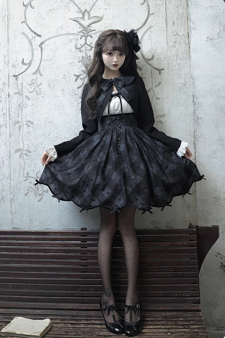 Black [Swan] Short Sleeves Plaid Print Sweet Elegant Princess Lolita Dress Short Version - Product - 14