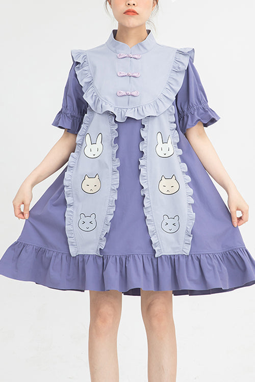 Purple Chinoiserie Button Stand Collar Short Sleeves Ruffled Cute Rabbit Ears High Waisted Sweet Lolita Dress - Purple - 1