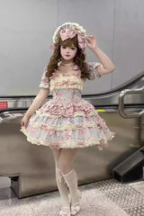 Blue/Pink [Gem Rose] Multi-Layered Ruffle Bowknot Lace Sweet Princess Lolita Skirt 2 Versions - Blue/Pink - 10