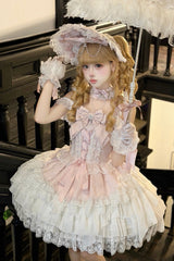 Pink [Pearl Ballet] Square Collar Sleeveless Multi-Layered Ruffled Bow Lace-Up Pearl-Decorated Sweet Ballet Lolita Jsk Dress - Product - 8