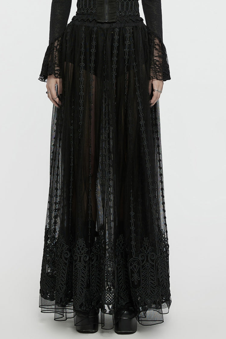 Black Floral Embroidery Mesh Women's Gothic Skirt - Black - 1