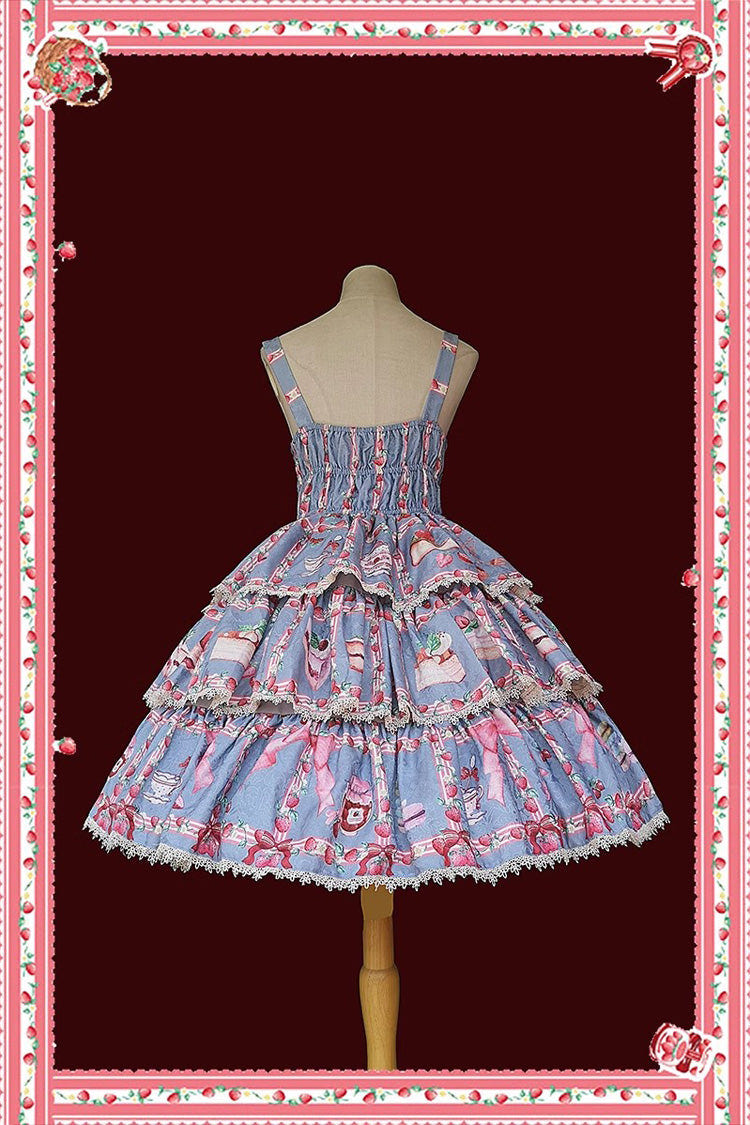 Strawberry Afternoon Tea Cake Ice Cream Print Bowknot Sleeveless Sweet Lolita Tiered Dress 3 Colors - Product - 12