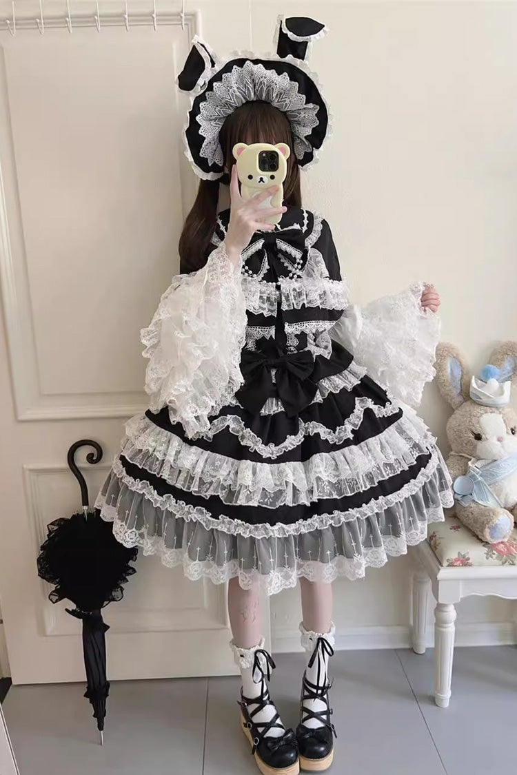 Black [Love and Heart Flutter] Sleeveless Multi-Layered Ruffle Bowknot Lace Pearl Sweet Lolita Jsk Dress - Product - 4