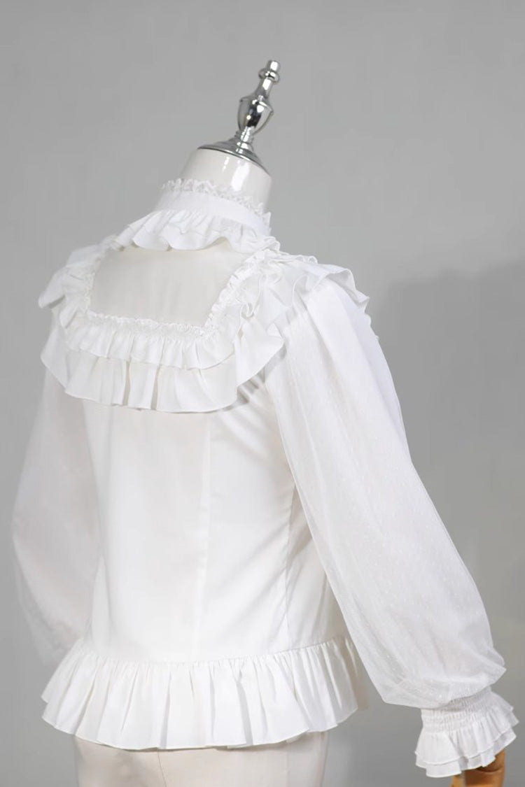 White Stand Collar Long Sleeves Ruffle Bowknot Sweet Lolita Blouse - Product - 2