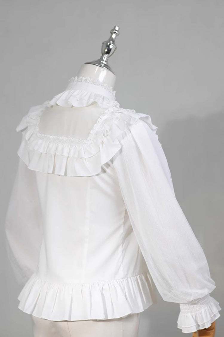 White Stand Collar Long Sleeves Ruffle Bowknot Sweet Lolita Blouse - Product - 2