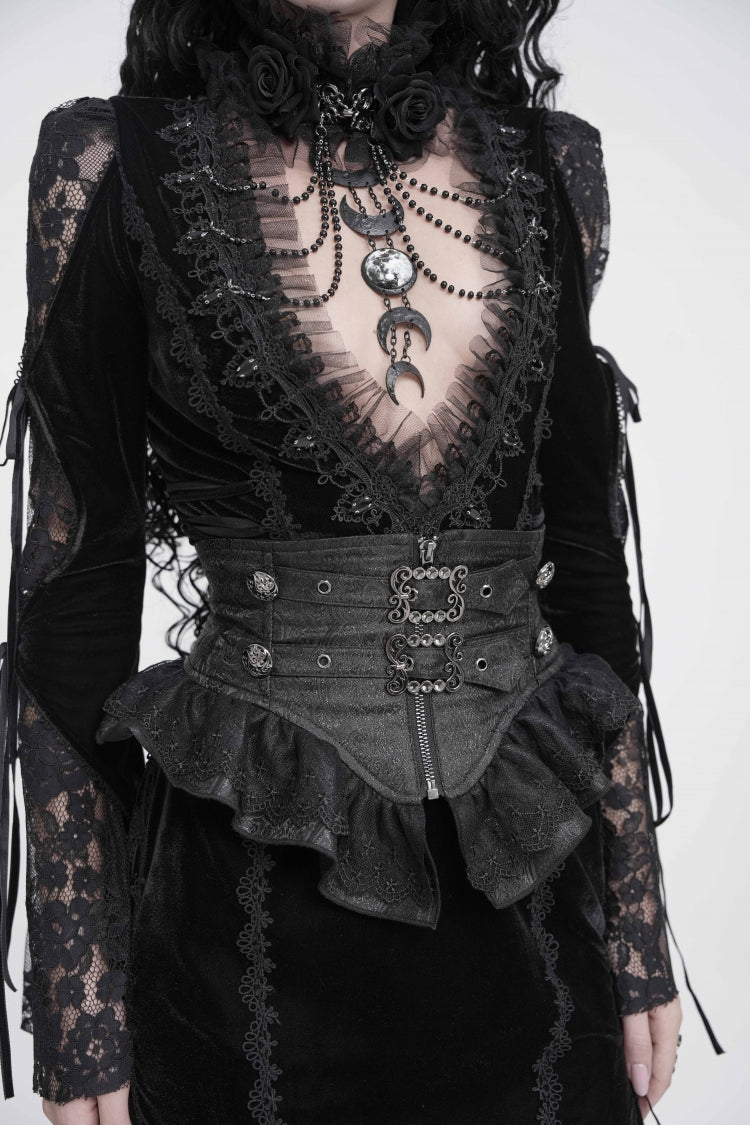 Black Lace Slim Fit Buckled Zippered Pleated Women's Gothic Girdle - Product - 2