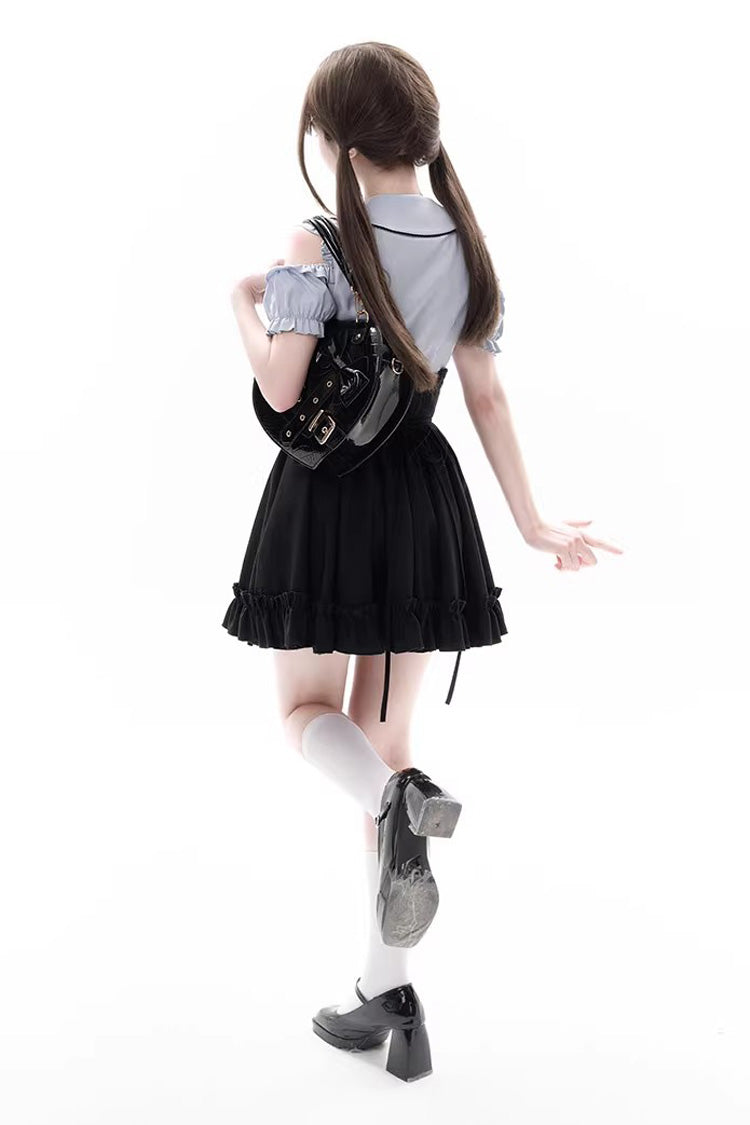 Black/Blue Off Shoulder Short Sleeves Ruffle Bowknot Sweet Jirai Kei Japanese Set - Product - 3