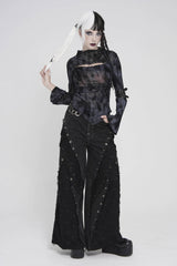 Black Stand Collar Long Sleeves Printed Spliced Lace-Up Asymmetric Buckled Women's Punk Blouse - Product - 6