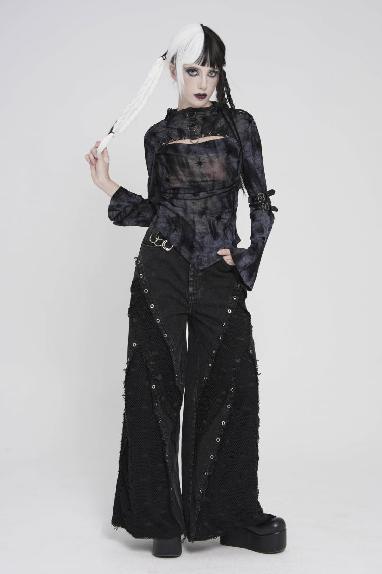 Black Stand Collar Long Sleeves Printed Spliced Lace-Up Asymmetric Buckled Women's Punk Blouse - Product - 6
