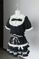 Black [Starry Tulle] Doll Collar Short Sleeves Double-Layered Striped Printed Ruffled Bow Gothic Jirai Kei Japanese Skirt Set - Product - 3
