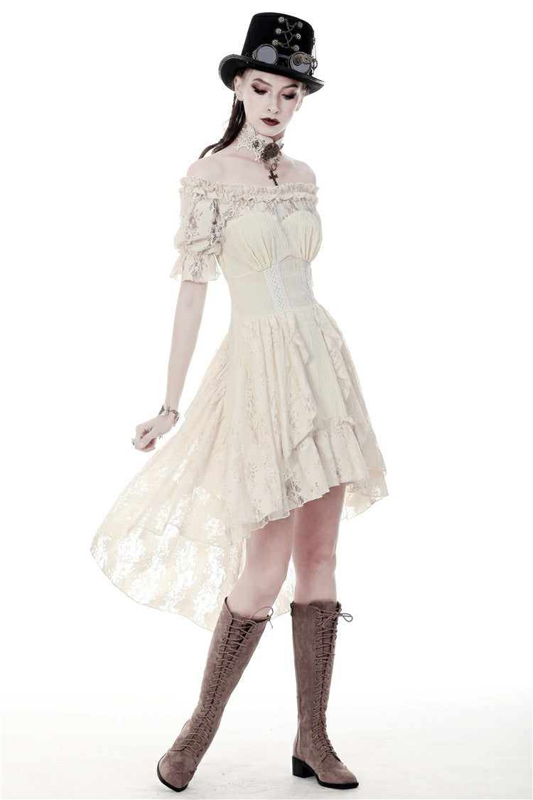 Beige Ruffled Off Shoulder Short Sleeves Ruched Women's Steampunk Vintage Gorgeous Graduation Dress - Product - 11