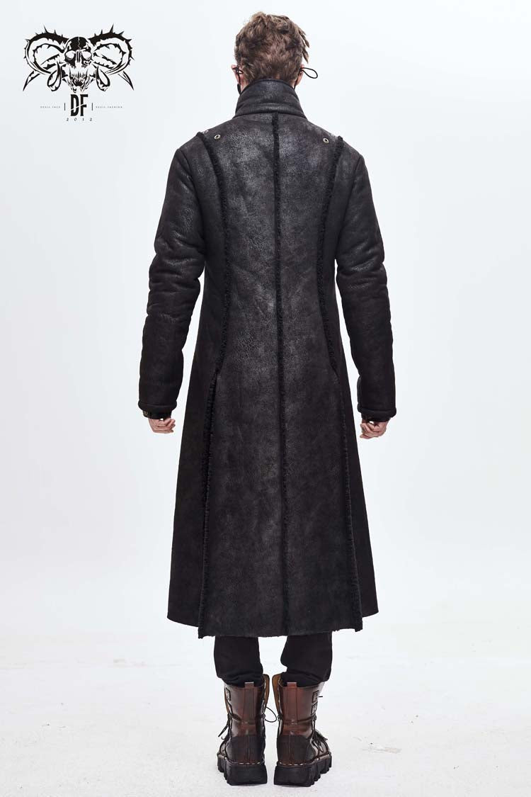 Black Stand Up Collar Shoulder Fur Cape Front Metal Hasp Chest Loops Long Fur Men's Punk Coat - Product - 6